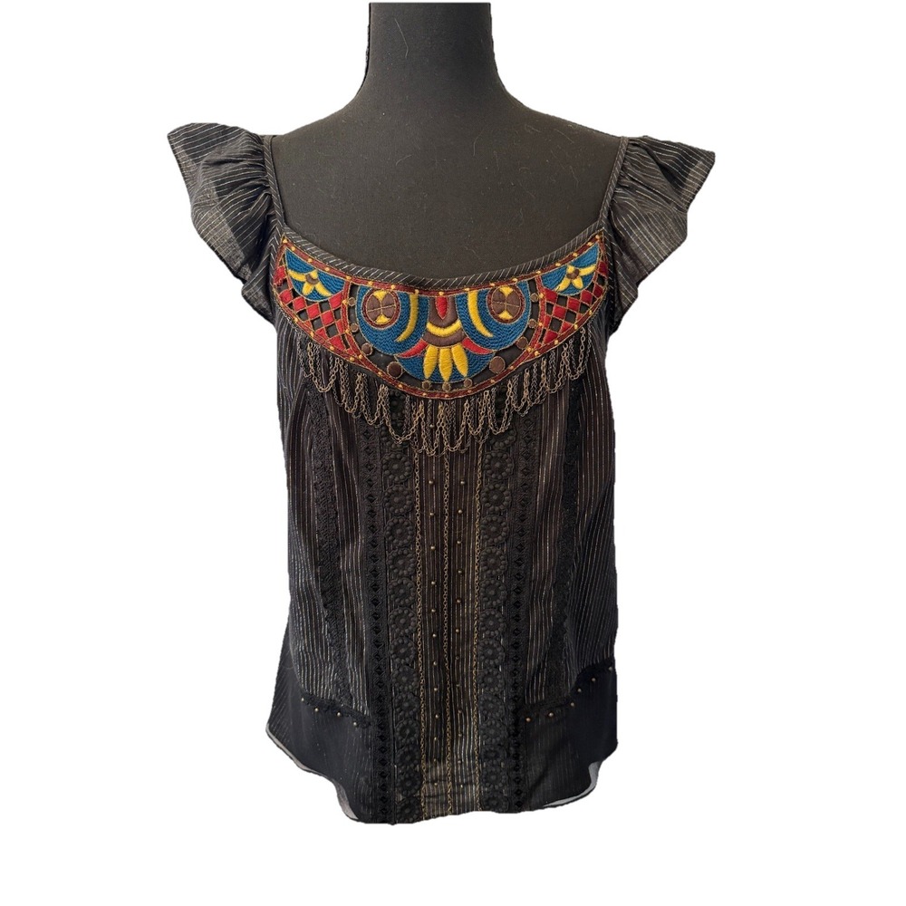 Nanette Lepore Black Silk Blend Pinstripe Top Embroidered Chain Whimsigoth Boho